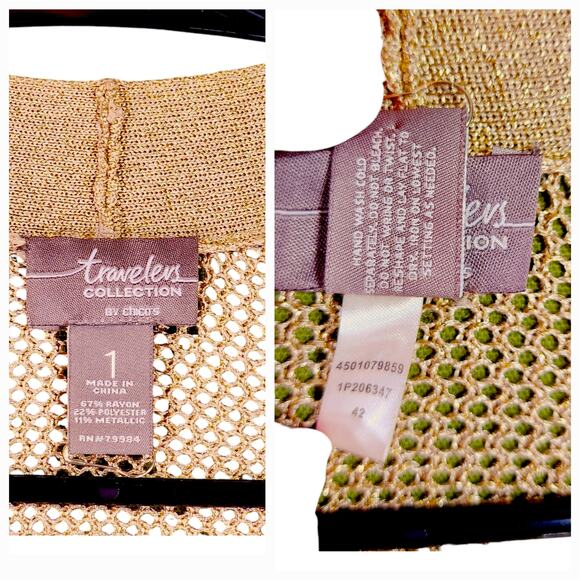 Chicos 1 M Womens Metallic Mesh Cardigan Sweater Gold Open Front Pockets Holiday - Picture 3 of 10